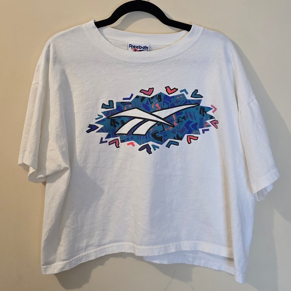 Vintage Reebok Cropped Graphic T-Shirt XL White 90s Made in USA Cotton Tee